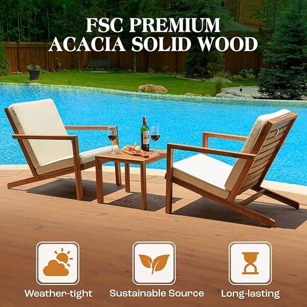 IDZO Natural 3-Piece Patio Bistro Sets with Foldable 400lbs Weight Chairs, a 220lbs Shelf Table, Made from FSC-Certified Acacia Wood, Featuring Washable Cushions and an Ergonomic Design - Image 4