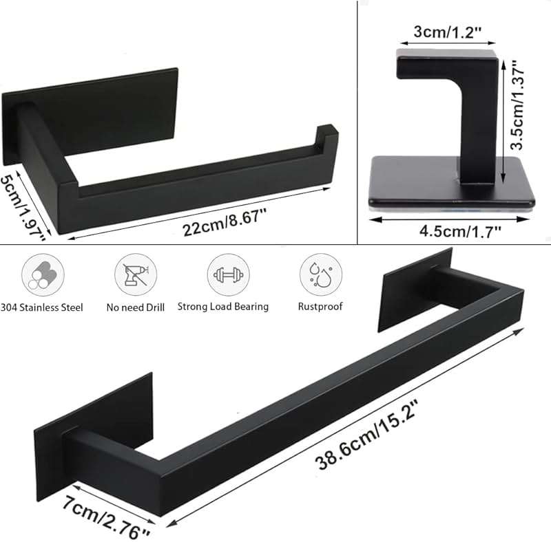 Vanloory 5 Pieces Self Adhesive Bathroom Hardware Set-SUS304 Stainless Steel-Towel Rack Set Include 16″Towel Bar+Toilet Paper Holder+3 Towel/Robe Hooks Bathroom Accessory (Matte Black, 16 in) - Image 3