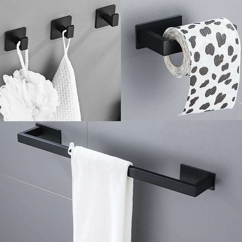 Vanloory 5 Pieces Self Adhesive Bathroom Hardware Set-SUS304 Stainless Steel-Towel Rack Set Include 16″Towel Bar+Toilet Paper Holder+3 Towel/Robe Hooks Bathroom Accessory (Matte Black, 16 in) - Image 6