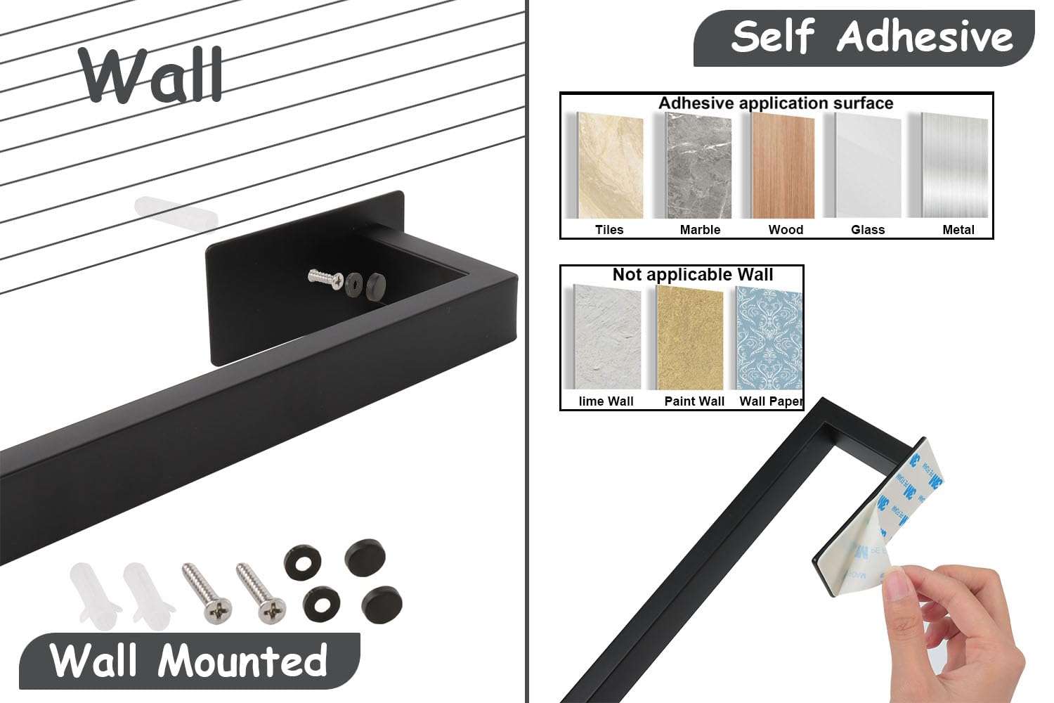 Vanloory 5 Pieces Self Adhesive Bathroom Hardware Set-SUS304 Stainless Steel-Towel Rack Set Include 16″Towel Bar+Toilet Paper Holder+3 Towel/Robe Hooks Bathroom Accessory (Matte Black, 16 in) - Image 7