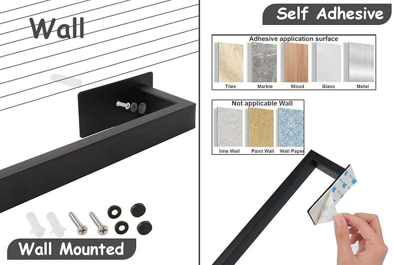 Vanloory 5 Pieces Self Adhesive Bathroom Hardware Set-SUS304 Stainless Steel-Towel Rack Set Include 16″Towel Bar+Toilet Paper Holder+3 Towel/Robe Hooks Bathroom Accessory (Matte Black, 16 in) - Image 7