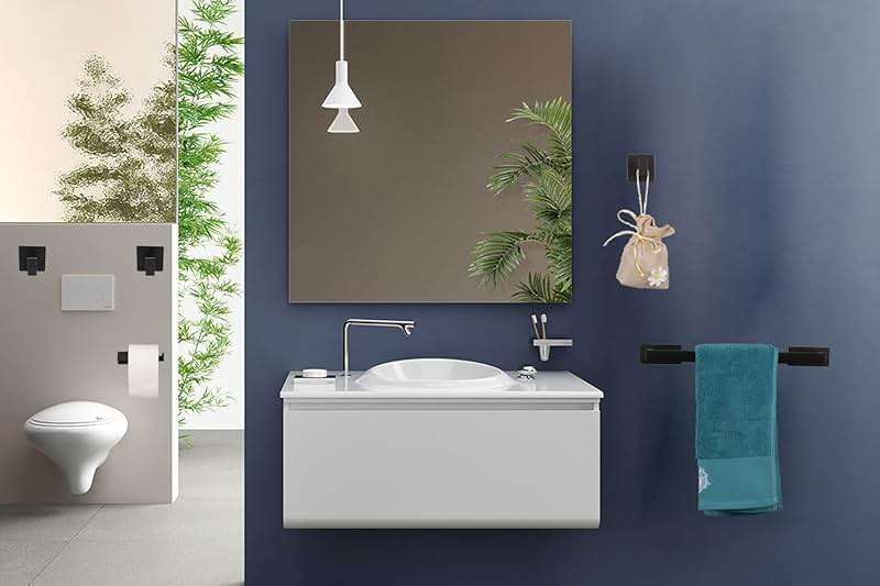 Vanloory 5 Pieces Self Adhesive Bathroom Hardware Set-SUS304 Stainless Steel-Towel Rack Set Include 16″Towel Bar+Toilet Paper Holder+3 Towel/Robe Hooks Bathroom Accessory (Matte Black, 16 in) - Image 8