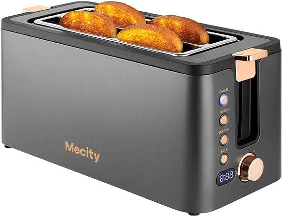 Mecity 4 Slice Toaster, Long Slot Toaster With Warming Rack, Timer, Bagel, Defrost, Reheat Functions, Crumb Tray, 6 Browning Settings, Extra Wide Long Slots, Stainless Steel, 1300W, Grey - Image 1
