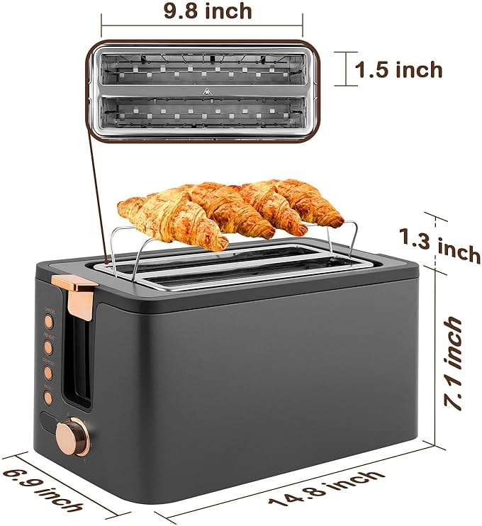 Mecity 4 Slice Toaster, Long Slot Toaster With Warming Rack, Timer, Bagel, Defrost, Reheat Functions, Crumb Tray, 6 Browning Settings, Extra Wide Long Slots, Stainless Steel, 1300W, Grey - Image 3