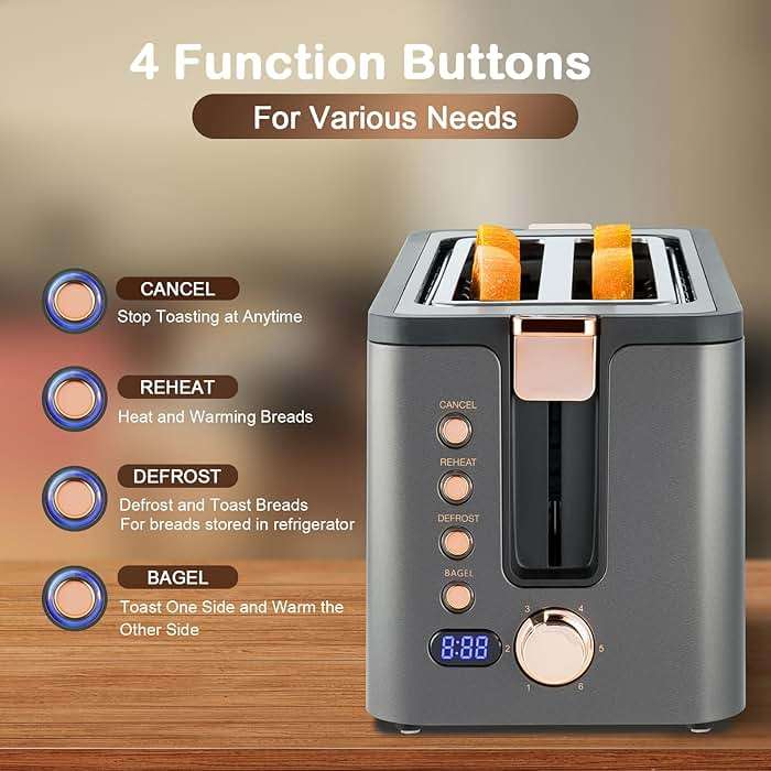 Mecity 4 Slice Toaster, Long Slot Toaster With Warming Rack, Timer, Bagel, Defrost, Reheat Functions, Crumb Tray, 6 Browning Settings, Extra Wide Long Slots, Stainless Steel, 1300W, Grey - Image 6