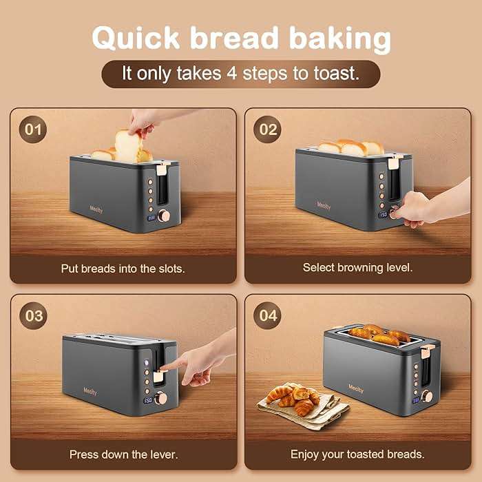 Mecity 4 Slice Toaster, Long Slot Toaster With Warming Rack, Timer, Bagel, Defrost, Reheat Functions, Crumb Tray, 6 Browning Settings, Extra Wide Long Slots, Stainless Steel, 1300W, Grey - Image 7