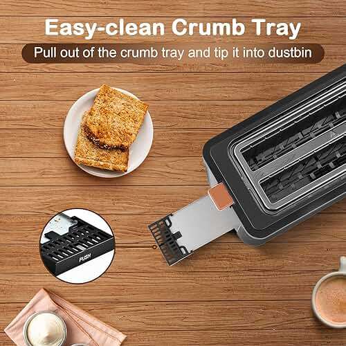 Mecity 4 Slice Toaster, Long Slot Toaster With Warming Rack, Timer, Bagel, Defrost, Reheat Functions, Crumb Tray, 6 Browning Settings, Extra Wide Long Slots, Stainless Steel, 1300W, Grey - Image 8