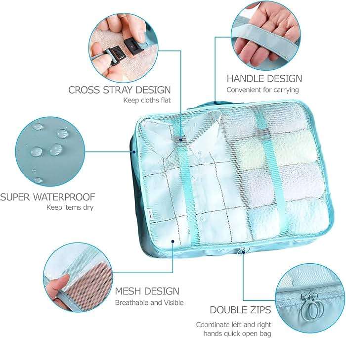 LANSKLBD 8 Set Packing Cubes for Suitcases Travel Luggage Packing Organizers,Travel Essentials Accessories Luggage Organizer with Shoe Bag Tioletry/Laundry Bag (light blue) - Image 3