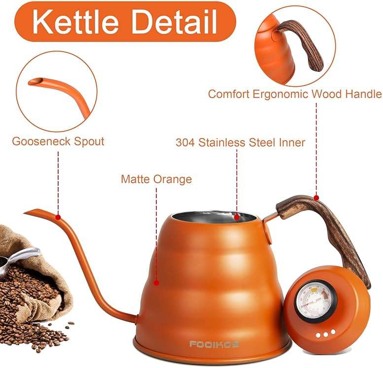 Fooikos Gooseneck Kettle with Thermometer for Pour Over Coffee & Tea, 42 fl oz, Premium Stainless Steel, Accurate Temperature Control, Ideal Spout for Precision Pouring, Compatible with Stovetops - Image 7