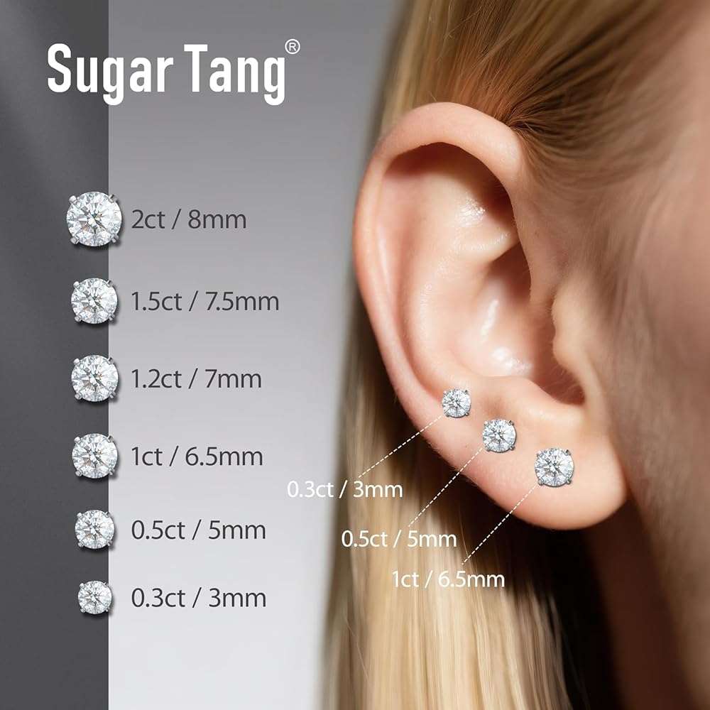 SugarTang Moissanite Earrings, Substitute diamond Stud Earrings for Women 1-3 CT 18K White Gold Plated/S925 Sterling Silver Earring for Men, Lab Grown Hypoallergenic Jewelry - Image 2