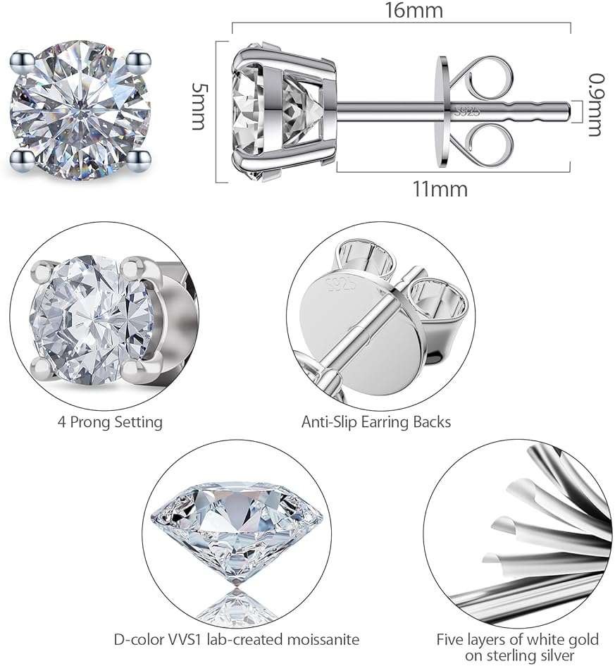 SugarTang Moissanite Earrings, Substitute diamond Stud Earrings for Women 1-3 CT 18K White Gold Plated/S925 Sterling Silver Earring for Men, Lab Grown Hypoallergenic Jewelry - Image 3