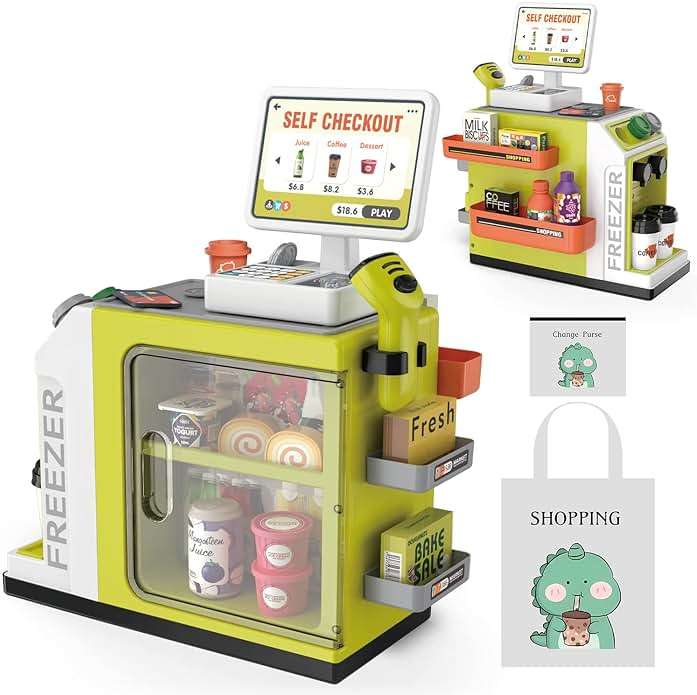 Cash Register Playset for Kids - 48PCS Pretend Play Money, Calculator, Scanner, Credit Card and Play Food for Boys and Girls Ages 3+ (668-124) - Image 1