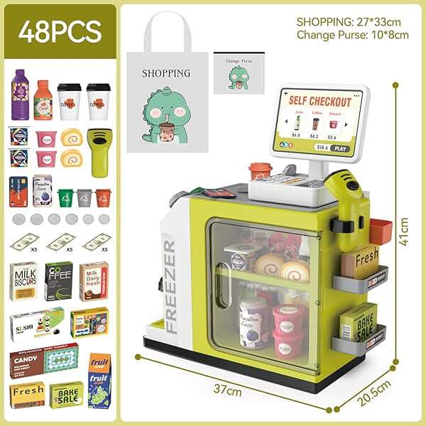 Cash Register Playset for Kids - 48PCS Pretend Play Money, Calculator, Scanner, Credit Card and Play Food for Boys and Girls Ages 3+ (668-124) - Image 2