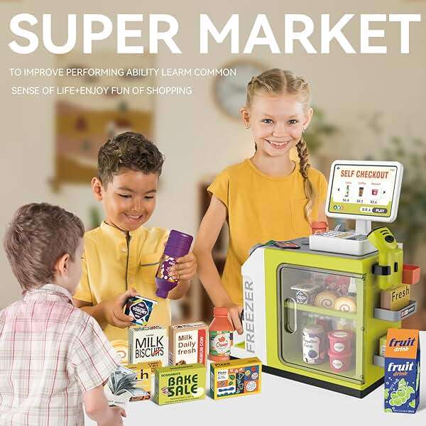 Cash Register Playset for Kids - 48PCS Pretend Play Money, Calculator, Scanner, Credit Card and Play Food for Boys and Girls Ages 3+ (668-124) - Image 6