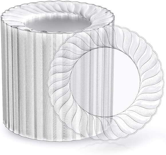 FOCUSLINE 100 Count 6 Inch Clear Plastic Plates, Disposable Heavy Duty Salad Dessert Plates- Premium Hard Plastic Plate Fancy Disposable Clear Plate for Weddings, Parties and Events - Image 1
