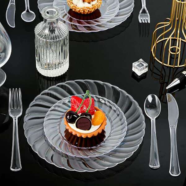 FOCUSLINE 100 Count 6 Inch Clear Plastic Plates, Disposable Heavy Duty Salad Dessert Plates- Premium Hard Plastic Plate Fancy Disposable Clear Plate for Weddings, Parties and Events - Image 5