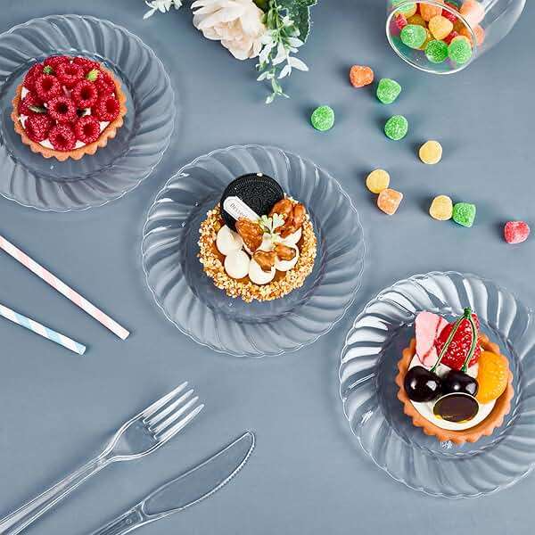 FOCUSLINE 100 Count 6 Inch Clear Plastic Plates, Disposable Heavy Duty Salad Dessert Plates- Premium Hard Plastic Plate Fancy Disposable Clear Plate for Weddings, Parties and Events - Image 6