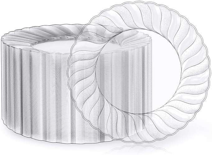 FOCUSLINE 100 Count Clear Plastic Plates 9 Inch, Disposable Heavy Duty Dinner Plates- Premium Hard Plastic Plate Fancy Disposable Clear Plates for Weddings, Parties and Events - Image 1