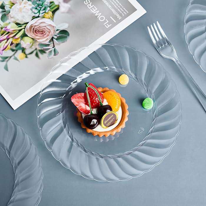 FOCUSLINE 100 Count Clear Plastic Plates 9 Inch, Disposable Heavy Duty Dinner Plates- Premium Hard Plastic Plate Fancy Disposable Clear Plates for Weddings, Parties and Events - Image 4
