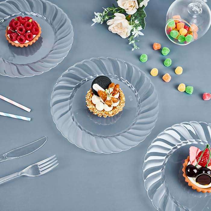 FOCUSLINE 100 Count Clear Plastic Plates 9 Inch, Disposable Heavy Duty Dinner Plates- Premium Hard Plastic Plate Fancy Disposable Clear Plates for Weddings, Parties and Events - Image 7