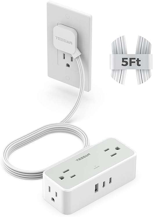 TESSAN Flat Plug Extension Cord 5 FT, Surge Protector Power Strip with 4 AC Outlets 2 USB C and 1 USB A Ports, 900 Joules Protection, Multiple Wall Outlet Extender Suitable for Office Dorm, Grey - Image 1