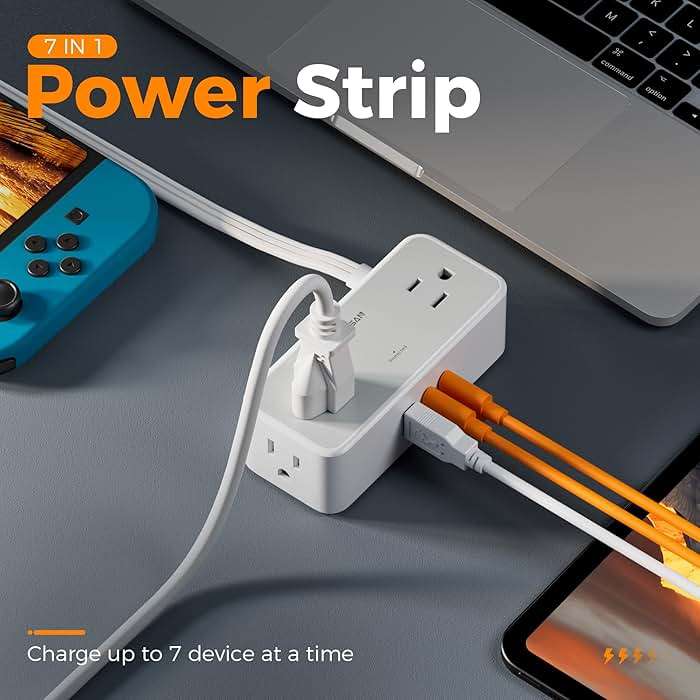 TESSAN Flat Plug Extension Cord 5 FT, Surge Protector Power Strip with 4 AC Outlets 2 USB C and 1 USB A Ports, 900 Joules Protection, Multiple Wall Outlet Extender Suitable for Office Dorm, Grey - Image 2
