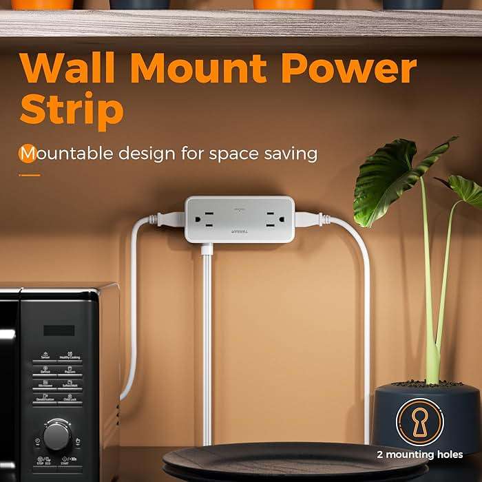 TESSAN Flat Plug Extension Cord 5 FT, Surge Protector Power Strip with 4 AC Outlets 2 USB C and 1 USB A Ports, 900 Joules Protection, Multiple Wall Outlet Extender Suitable for Office Dorm, Grey - Image 6