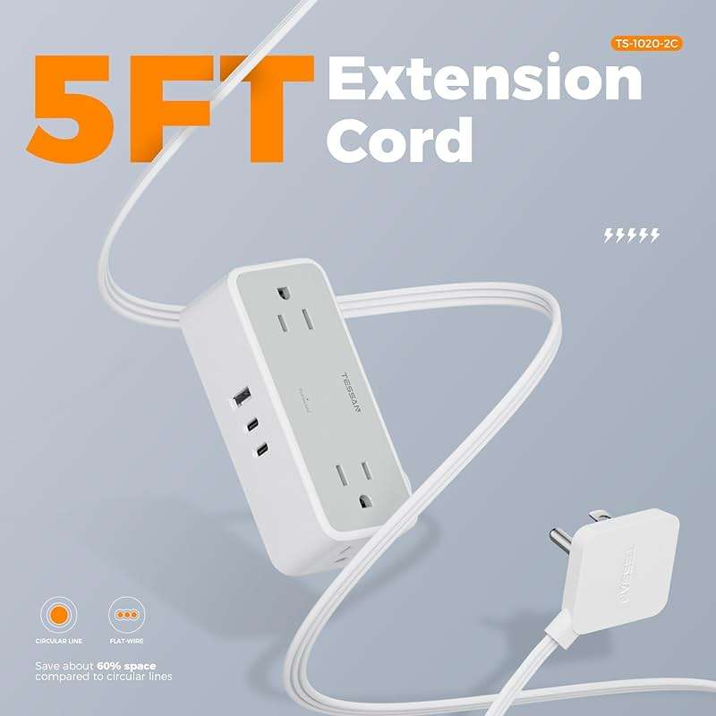 TESSAN Flat Plug Extension Cord 5 FT, Surge Protector Power Strip with 4 AC Outlets 2 USB C and 1 USB A Ports, 900 Joules Protection, Multiple Wall Outlet Extender Suitable for Office Dorm, Grey - Image 8