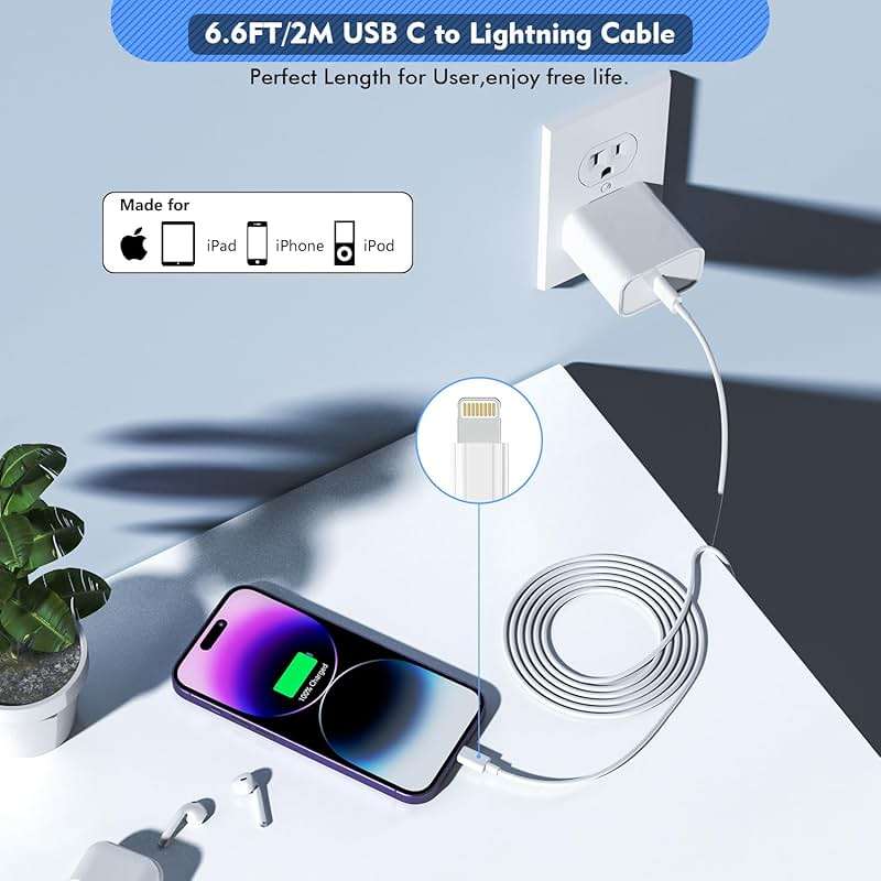 Long Apple iPhone Fast Charger,Fast Charging i Phone 2Pack PD Type C Wall Charger Fast Charging Phone Adapter 6FT USB-C to Lightning Cable Apple Chargers for iPhone 14/13/12/Pro/Max/11/XR/X/8/SE/iPad - Image 5