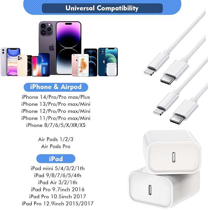 Long Apple iPhone Fast Charger,Fast Charging i Phone 2Pack PD Type C Wall Charger Fast Charging Phone Adapter 6FT USB-C to Lightning Cable Apple Chargers for iPhone 14/13/12/Pro/Max/11/XR/X/8/SE/iPad - Image 7