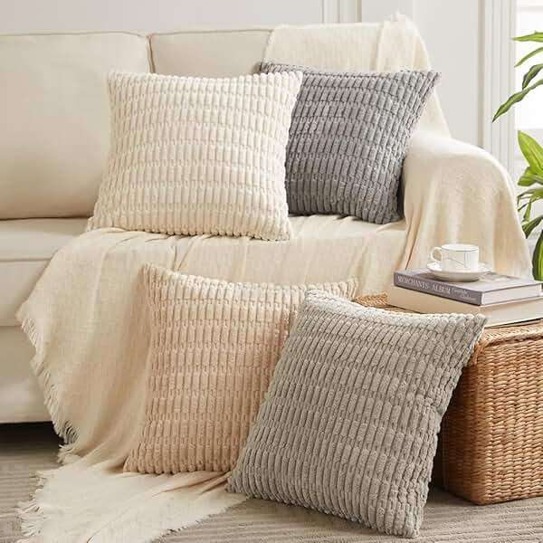 Fancy Homi 4 Packs Neutral Decorative Throw Pillow Covers 18x18 Inch for Living Room Couch Bed Sofa, Rustic Farmhouse Boho Home Decor, Soft Plush Striped Corduroy Square Cushion Case 45x45 cm - Image 1