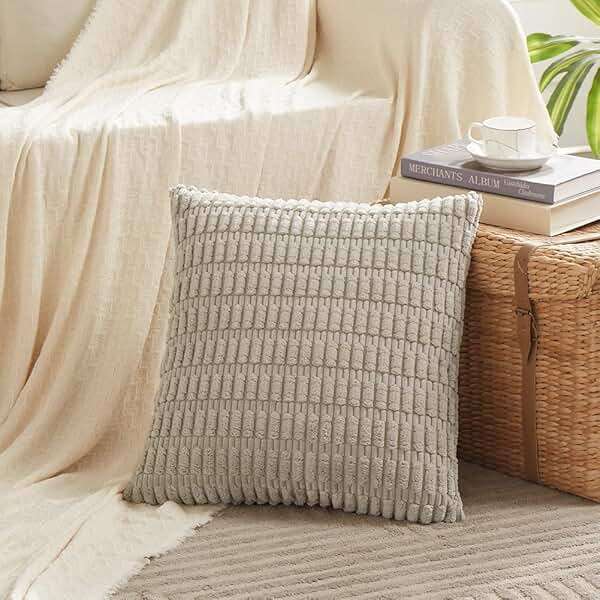Fancy Homi 4 Packs Neutral Decorative Throw Pillow Covers 18x18 Inch for Living Room Couch Bed Sofa, Rustic Farmhouse Boho Home Decor, Soft Plush Striped Corduroy Square Cushion Case 45x45 cm - Image 2