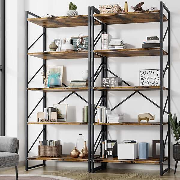 Shintenchi 2 Pieces 5 Tiers Bookshelf, Classically Tall Bookcase Shelf, Industrial Book Rack, Modern Book Holder in Bedroom/Living Room/Home/Office, Storage Rack Shelves for Books/Movies-Rustic Brown - Image 1