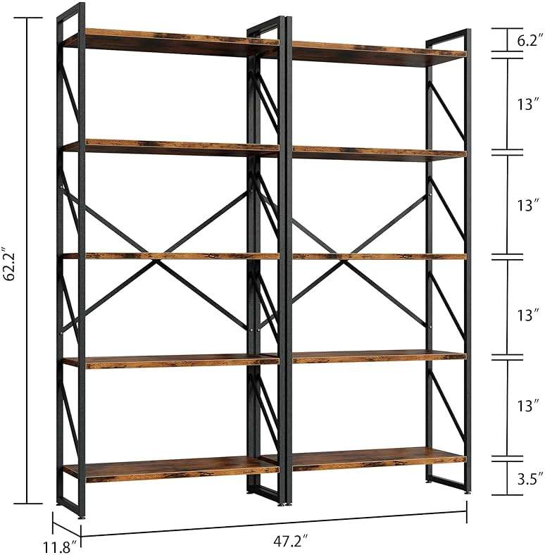 Shintenchi 2 Pieces 5 Tiers Bookshelf, Classically Tall Bookcase Shelf, Industrial Book Rack, Modern Book Holder in Bedroom/Living Room/Home/Office, Storage Rack Shelves for Books/Movies-Rustic Brown - Image 2