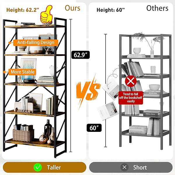 Shintenchi 2 Pieces 5 Tiers Bookshelf, Classically Tall Bookcase Shelf, Industrial Book Rack, Modern Book Holder in Bedroom/Living Room/Home/Office, Storage Rack Shelves for Books/Movies-Rustic Brown - Image 3