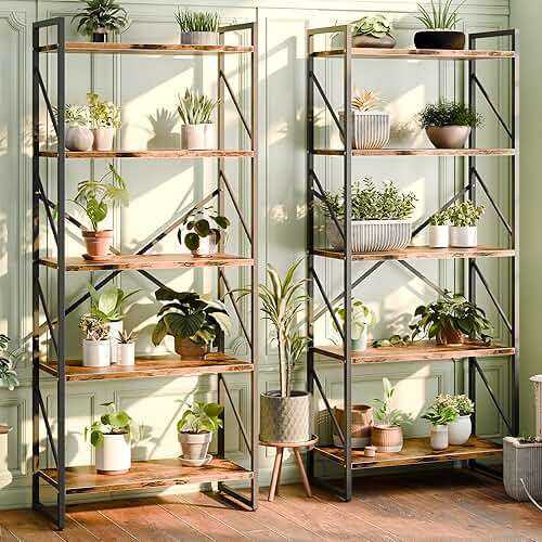 Shintenchi 2 Pieces 5 Tiers Bookshelf, Classically Tall Bookcase Shelf, Industrial Book Rack, Modern Book Holder in Bedroom/Living Room/Home/Office, Storage Rack Shelves for Books/Movies-Rustic Brown - Image 4