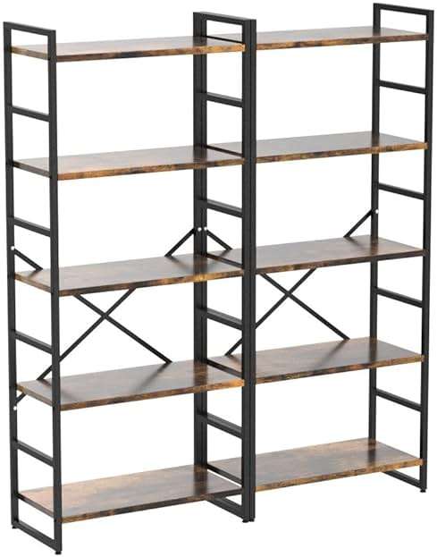 Shintenchi 2 Pieces 5 Tiers Bookshelf, Classically Tall Bookcase Shelf, Industrial Book Rack, Modern Book Holder in Bedroom/Living Room/Home/Office, Storage Rack Shelves for Books/Movies-Rustic Brown - Image 5