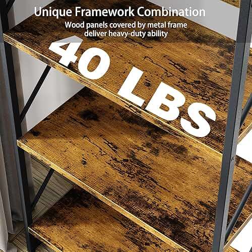 Shintenchi 2 Pieces 5 Tiers Bookshelf, Classically Tall Bookcase Shelf, Industrial Book Rack, Modern Book Holder in Bedroom/Living Room/Home/Office, Storage Rack Shelves for Books/Movies-Rustic Brown - Image 6