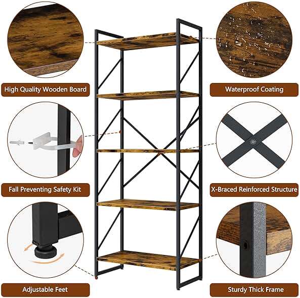 Shintenchi 2 Pieces 5 Tiers Bookshelf, Classically Tall Bookcase Shelf, Industrial Book Rack, Modern Book Holder in Bedroom/Living Room/Home/Office, Storage Rack Shelves for Books/Movies-Rustic Brown - Image 7