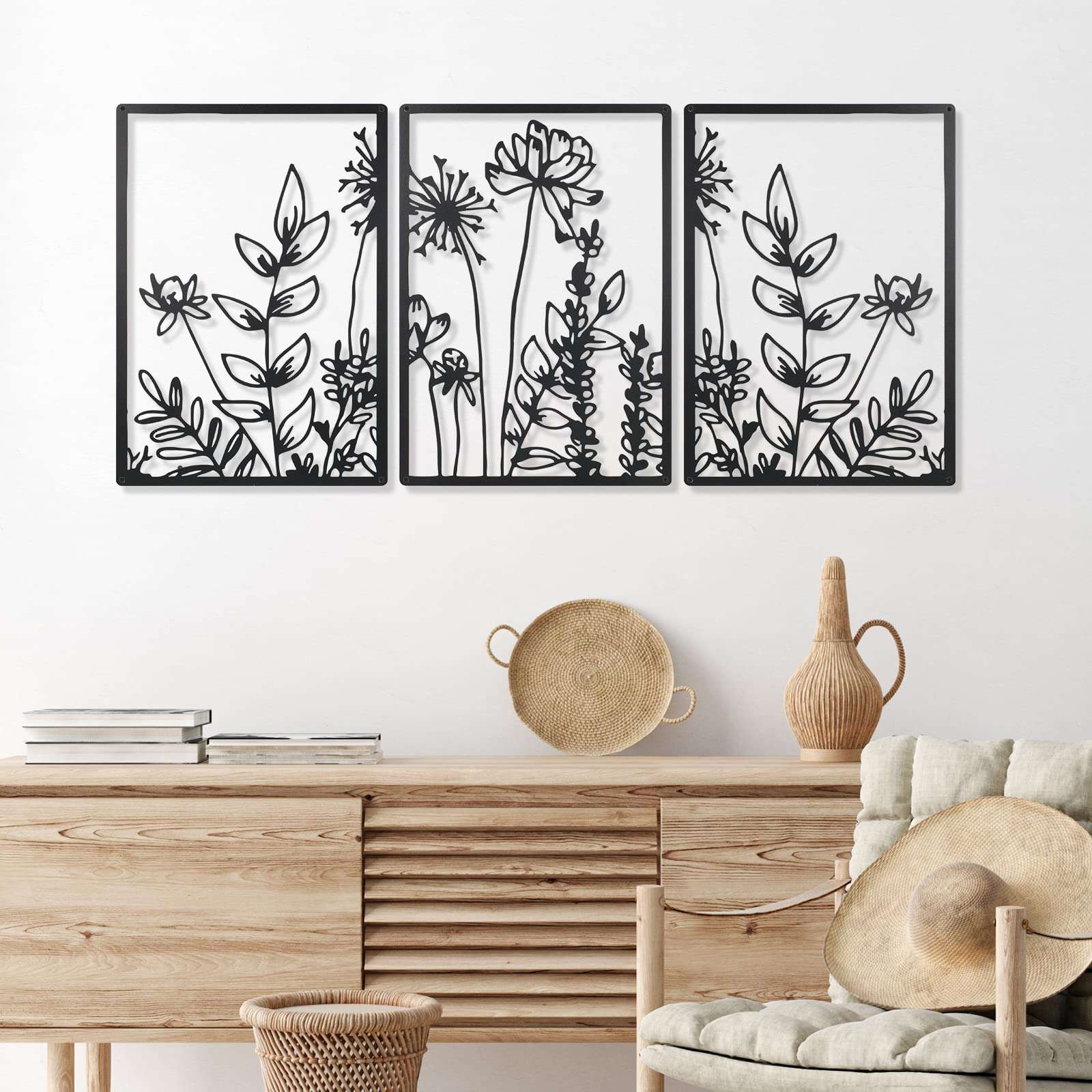 Therwen 3 Pcs Black Metal Wall Art Minimalist Wall Decor for Bedroom Flowers Decor Hanging Flower Bathroom Art Flower Line Sculpture Kitchen Decoration 16.5 x 9.8 Inch(Cute Style) - Image 1