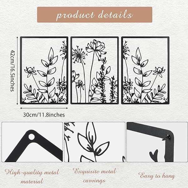 Therwen 3 Pcs Black Metal Wall Art Minimalist Wall Decor for Bedroom Flowers Decor Hanging Flower Bathroom Art Flower Line Sculpture Kitchen Decoration 16.5 x 9.8 Inch(Cute Style) - Image 2
