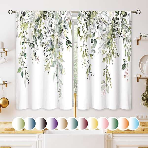 oolygoo Eucalyptus Botanical Leaves Floral Kitchen Window Curtains Over Sink Boho Farmhouse Flower Leaf Small Window Treatment Sage Green Cafe Short Curtains for Bathroom Tier Drapes 27.5x39 inch - Image 1