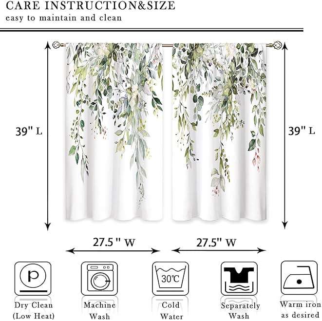 oolygoo Eucalyptus Botanical Leaves Floral Kitchen Window Curtains Over Sink Boho Farmhouse Flower Leaf Small Window Treatment Sage Green Cafe Short Curtains for Bathroom Tier Drapes 27.5x39 inch - Image 3