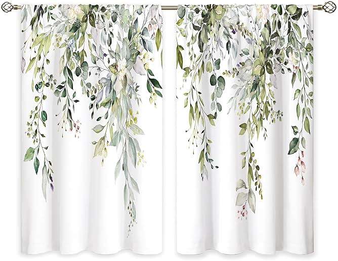 oolygoo Eucalyptus Botanical Leaves Floral Kitchen Window Curtains Over Sink Boho Farmhouse Flower Leaf Small Window Treatment Sage Green Cafe Short Curtains for Bathroom Tier Drapes 27.5x39 inch - Image 6