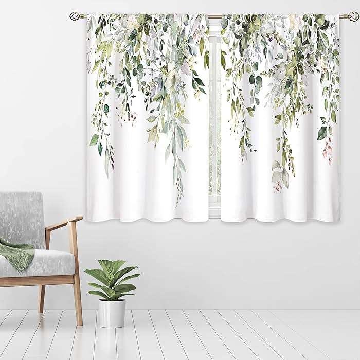 oolygoo Eucalyptus Botanical Leaves Floral Kitchen Window Curtains Over Sink Boho Farmhouse Flower Leaf Small Window Treatment Sage Green Cafe Short Curtains for Bathroom Tier Drapes 27.5x39 inch - Image 8