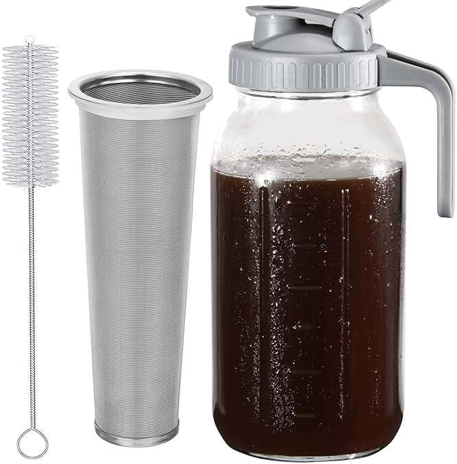 Cold Brew Coffee Maker Pitcher, 64 Oz Heavy Duty Wide Mouth Glass Mason Jar pour spout Lid with Stainless Steel Filter for Iced Coffee, Ice Lemonade, Fruit Drinks, Sun Tea - Image 1