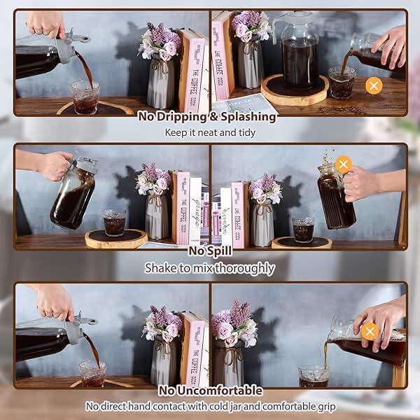 Cold Brew Coffee Maker Pitcher, 64 Oz Heavy Duty Wide Mouth Glass Mason Jar pour spout Lid with Stainless Steel Filter for Iced Coffee, Ice Lemonade, Fruit Drinks, Sun Tea - Image 4