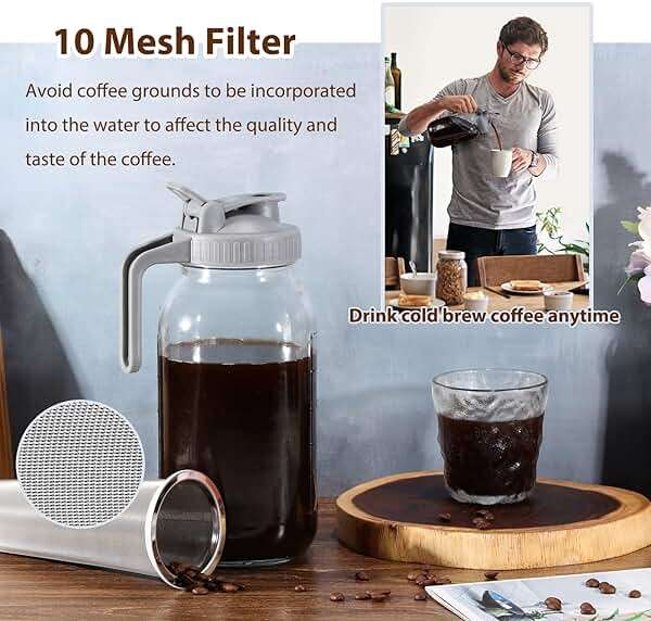 Cold Brew Coffee Maker Pitcher, 64 Oz Heavy Duty Wide Mouth Glass Mason Jar pour spout Lid with Stainless Steel Filter for Iced Coffee, Ice Lemonade, Fruit Drinks, Sun Tea - Image 5