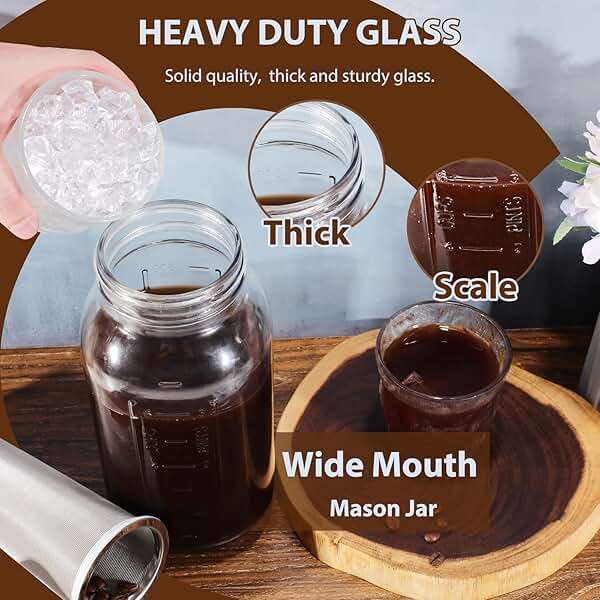 Cold Brew Coffee Maker Pitcher, 64 Oz Heavy Duty Wide Mouth Glass Mason Jar pour spout Lid with Stainless Steel Filter for Iced Coffee, Ice Lemonade, Fruit Drinks, Sun Tea - Image 7