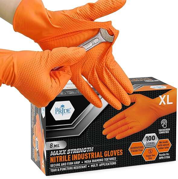 MED PRIDE Maxx Strength Nitrile Industrial Orange Gloves, 8 Mil Thick - Diamond Texture Disposable Heavy-Duty, Tear-Resistant - Image 1